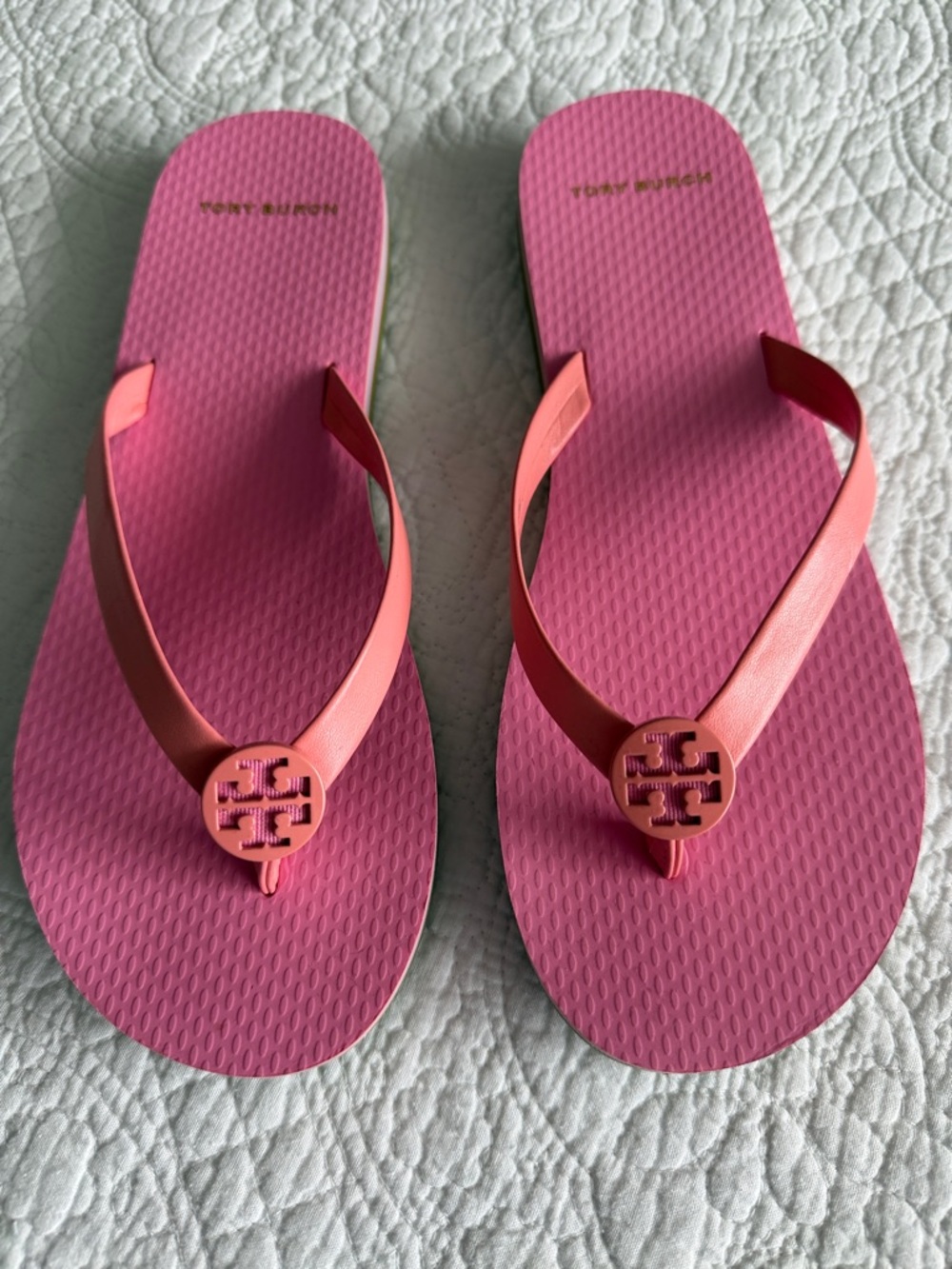 Tory Burch Pink and Coral Logo Flip Flop Sandals